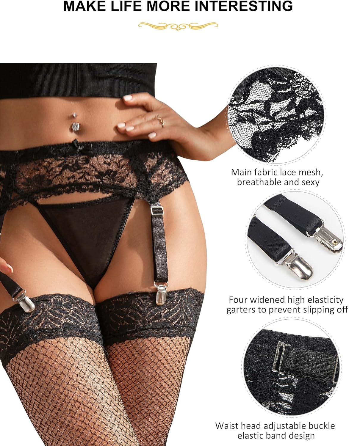 Women Floral Lace Garter Belt Plus Size Mesh Suspender Belt Set with 4 Straps Metal Clip for Thigh Highs - Image 7