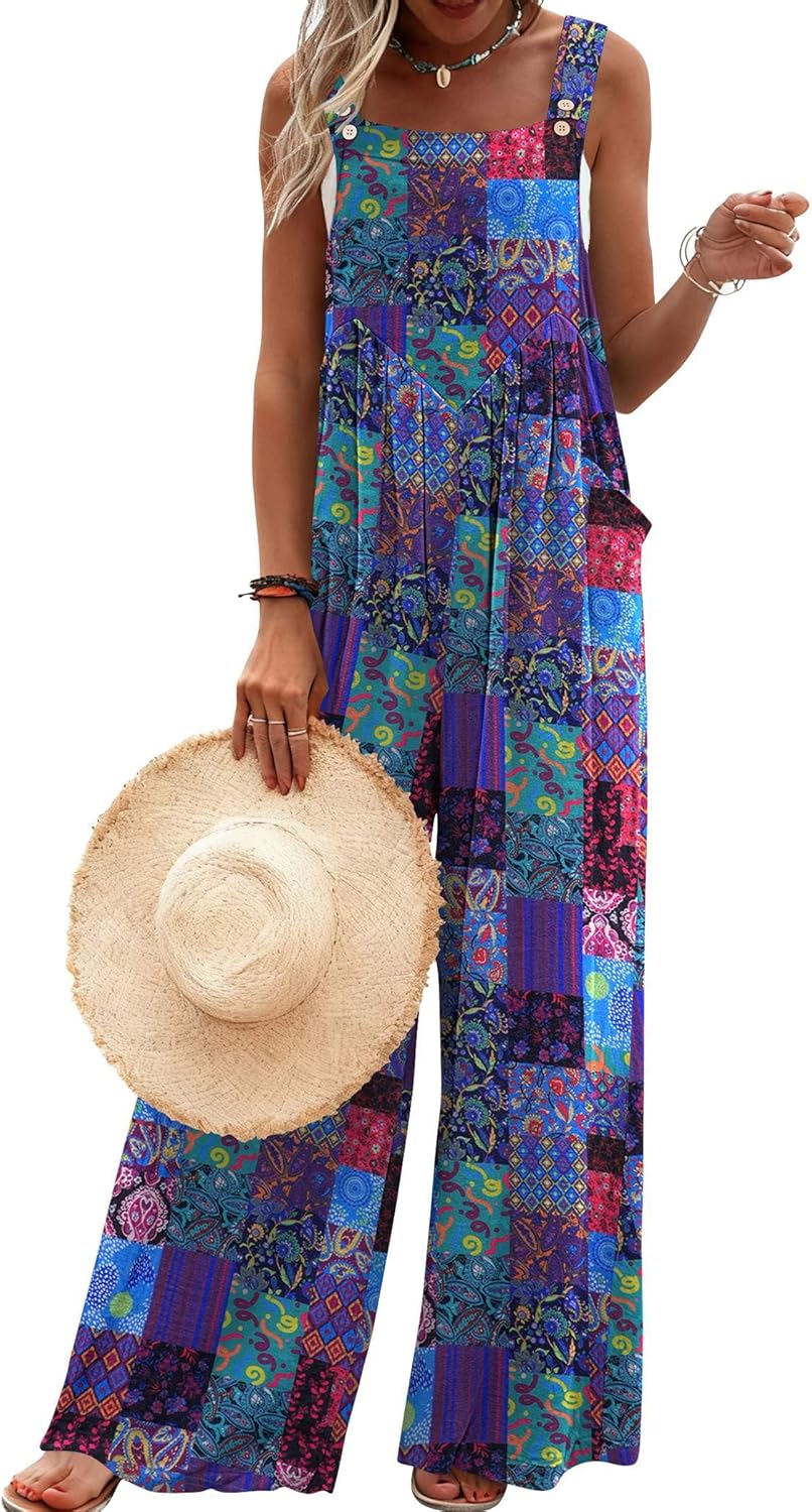 Ekouaer Women's Casual Overalls Loose Wide Leg Jumpsuits Summer Boho Floral Printed Baggy Rompers with Pockets