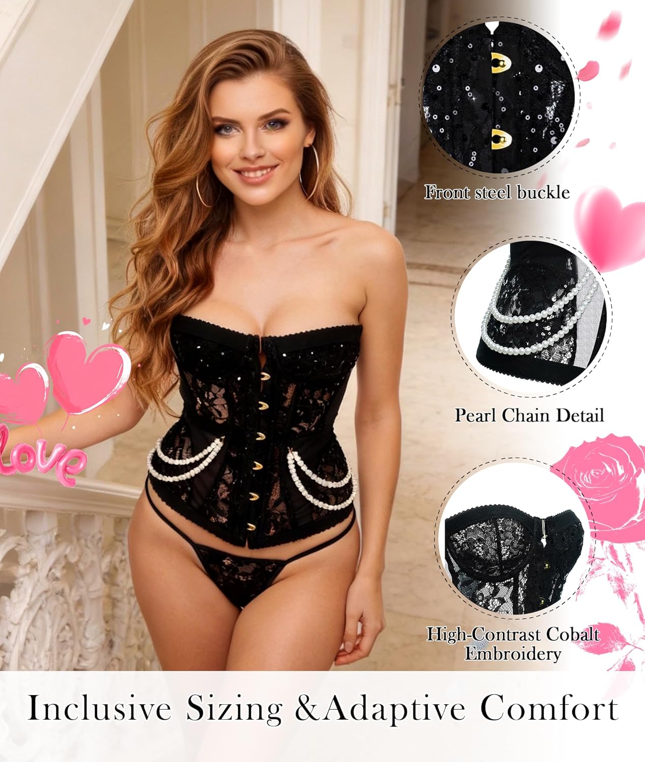 HELLOLAGIRL Corset Tops for Women, Bustier Shapewear Lingerie, Lace Waist Push Up Bodysuit Serena Black Pearl - Image 3