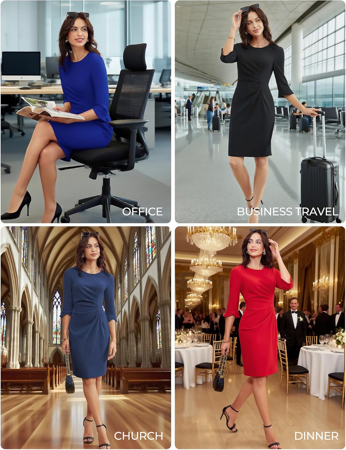 GRACE KARIN Work Dresses for Women 2026 3/4 Sleeve Sheath Business Dress Ruched Bodycon Church Cocktail Outfits - Image 2