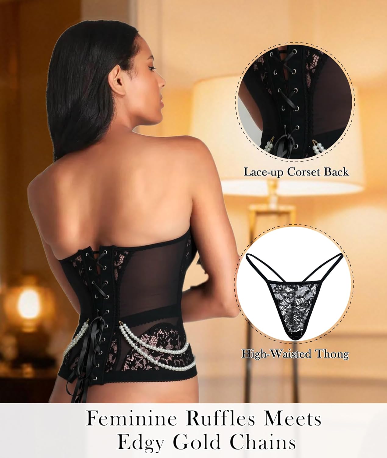HELLOLAGIRL Corset Tops for Women, Bustier Shapewear Lingerie, Lace Waist Push Up Bodysuit Serena Black Pearl - Image 4