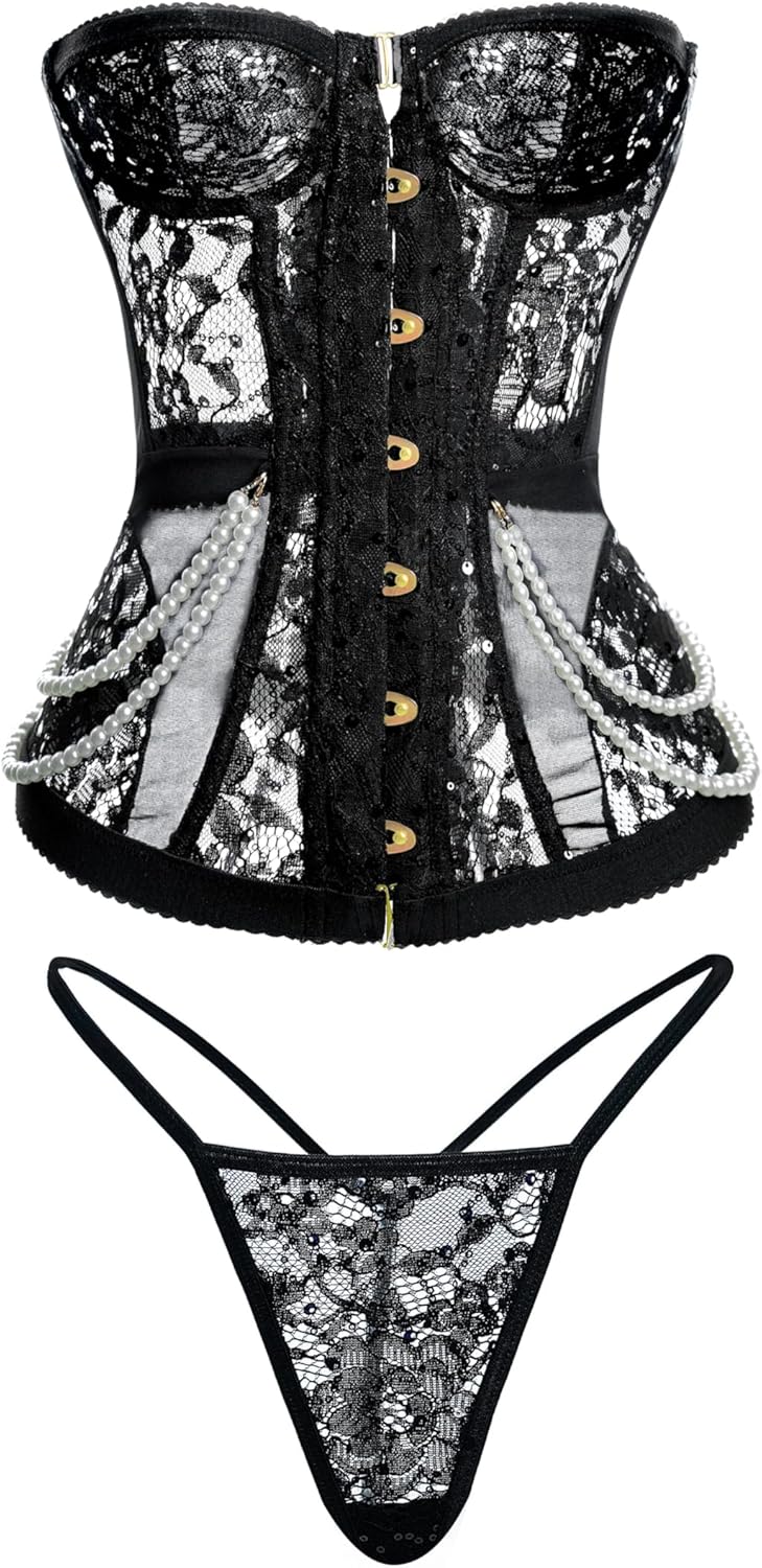 HELLOLAGIRL Corset Tops for Women, Bustier Shapewear Lingerie, Lace Waist Push Up Bodysuit Serena Black Pearl - Image 5
