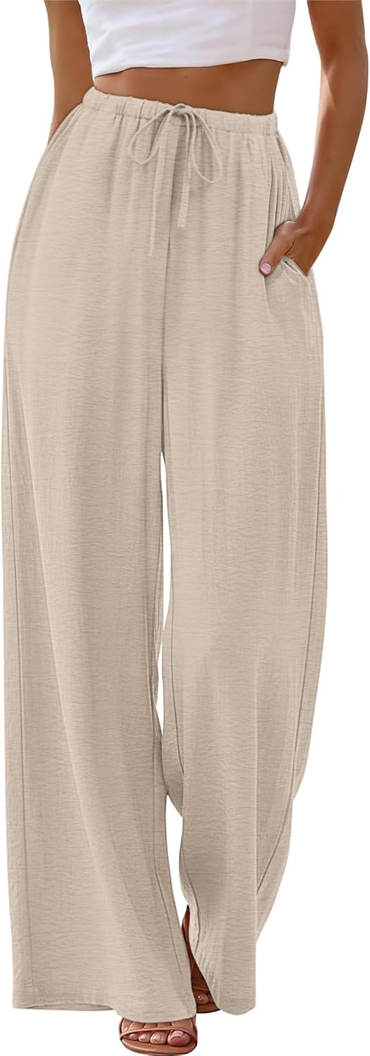 Sampeel Wide Leg Pants for Women Flowy Palazzo Drawstring Elastic Waist Trousers with Pockets Summer Beach Vacation Clothes - Image 2