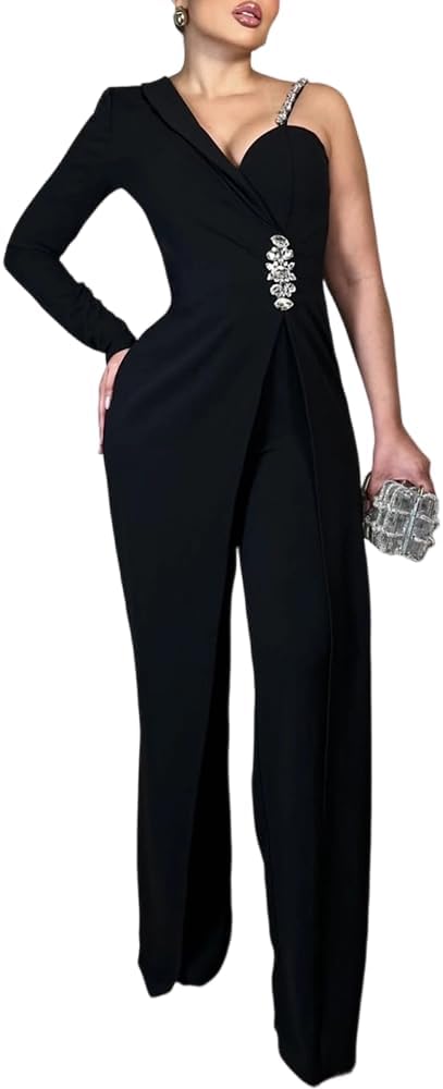 CHICME Women's One Piece Jumpsuit Asymmetrical Wide Leg Evening Romper with Crystal Shoulder Strap and Waist