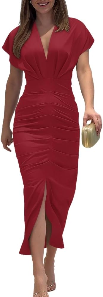 CHICME Summer Dresses for Women Floral Print Plunge V Neck Midi Dress Casual Ruched Slit Bodycon Party Dress
