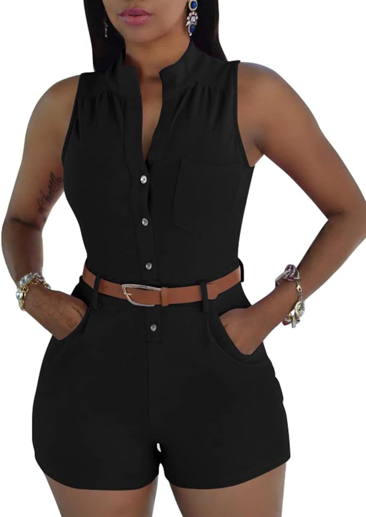 XXTAXN Women's Sexy V Neck Rompers One Piece Short Jumpsuit with Belt And Pockets
