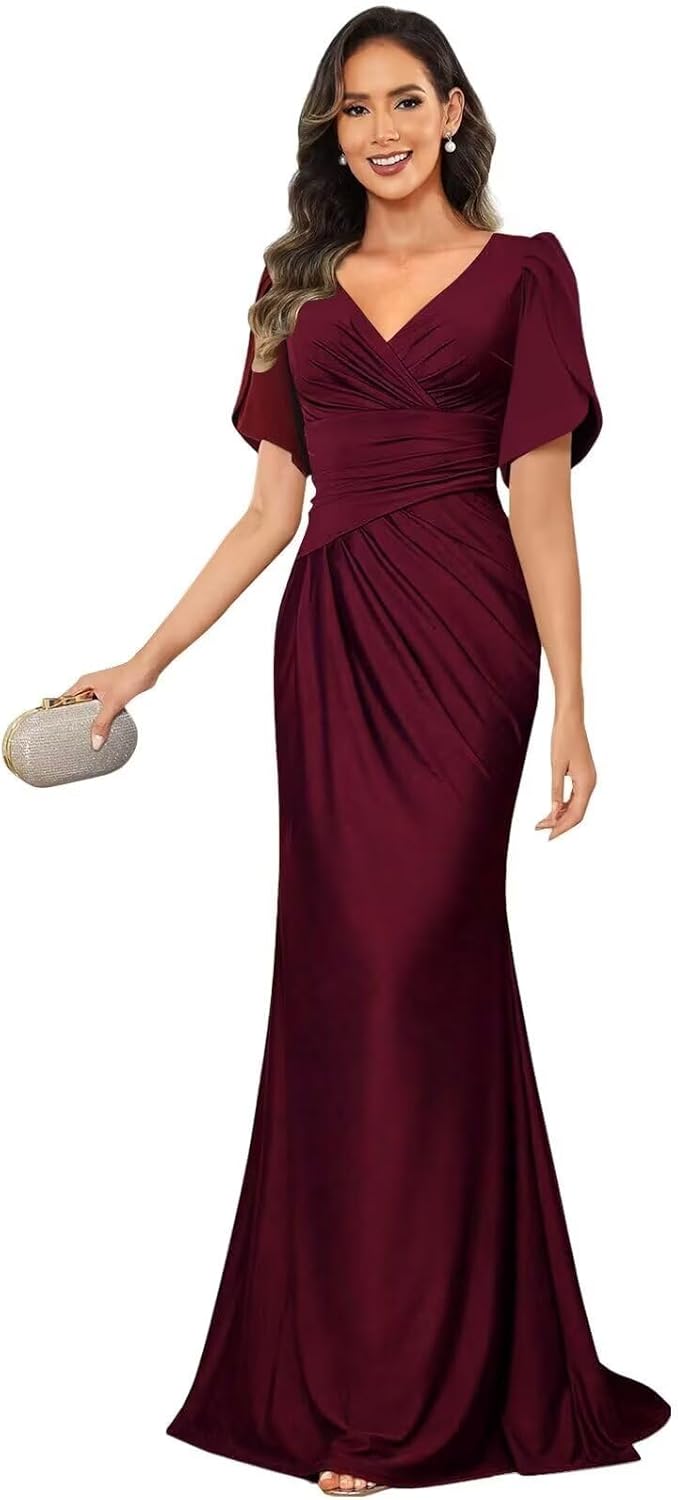 Satin Mermaid Mother of The Bride Dresses for Women Short Sleeve Long V Neck Formal Dress for Women
