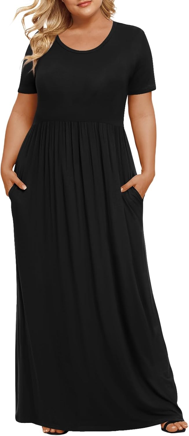 LONGYUAN Women's Plus Size Maxi Dresses for Curvy Women Summer Short Sleeve Casual 2026 Long Dress XL-6XL
