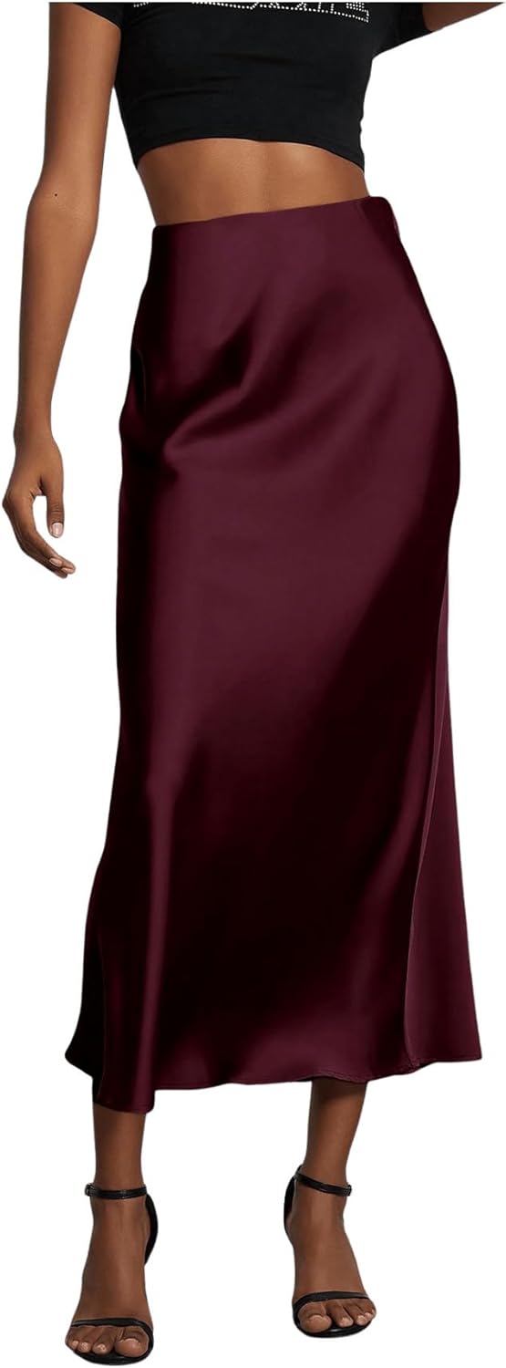 SOLY HUX Women's Elegant Satin Skirts High Waisted Flared Casual Work Office Fishtail Midi Skirt