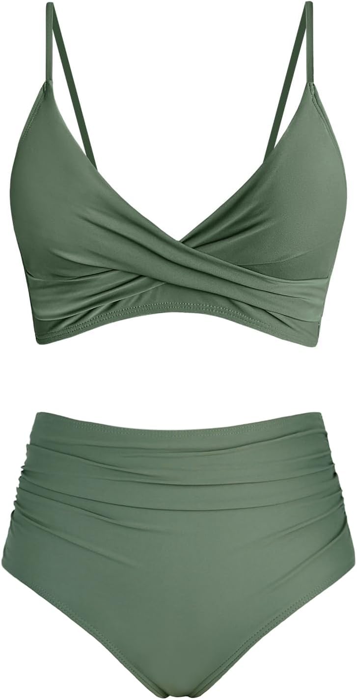 Amy Babe Women's High Waisted Bikini Sets Push Up Twist Front Spaghetti Straps Ruched Two Piece Swimsuit Bathing Suit