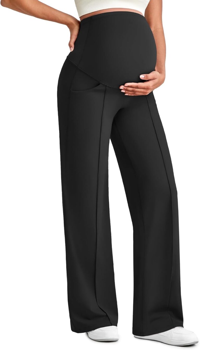 G4Free EverGoing Maternity Dress Yoga Pants with Pockets Over The Belly Stretchy Work Slack Pregnancy Wide Leg Trousers