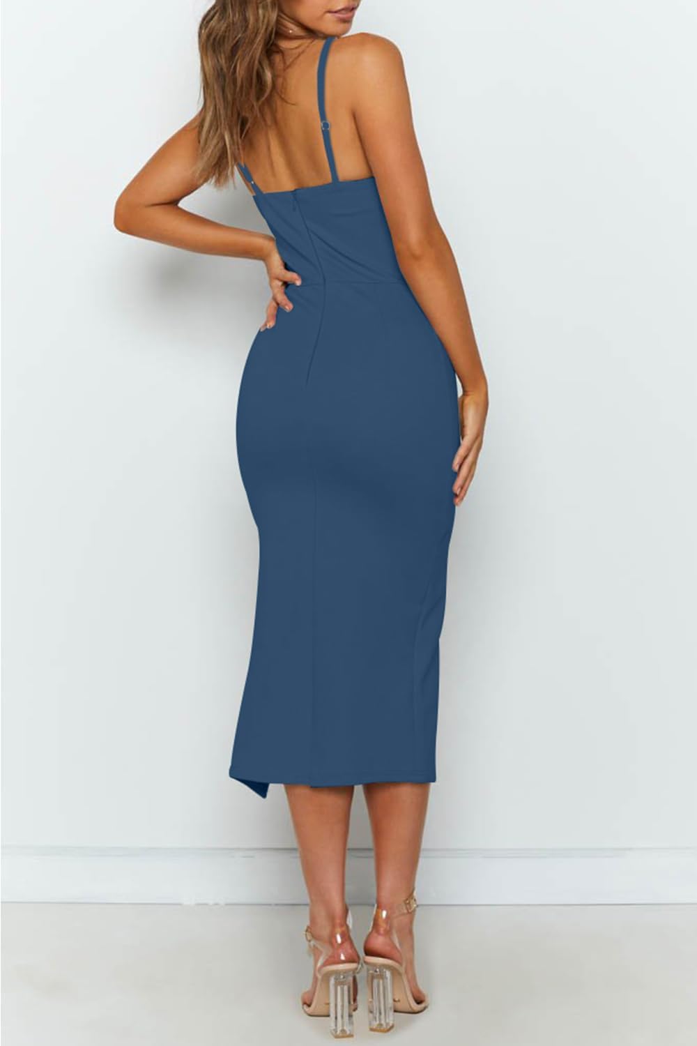 OWIN Women's Adjustable Spaghetti Straps Sleeveless High Waist Split Midi Bodycon Cocktail Party Dress - Image 3