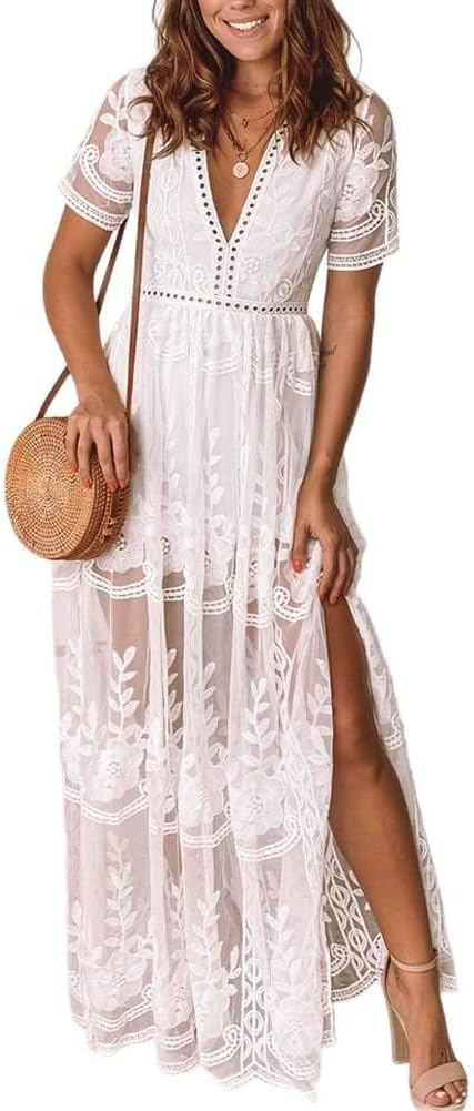 Eleter Women's Deep V-Neck Lace Romper Short Sleeve Long Dress