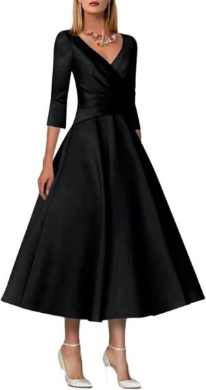 A Line Sleek Satin V Neck Tea-Lengt...