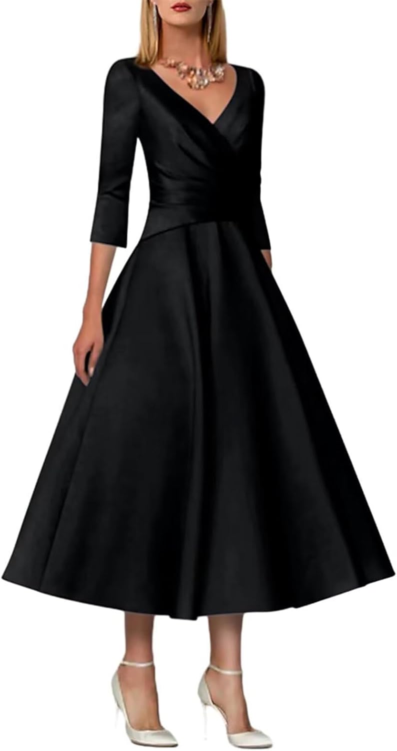 A Line Sleek Satin V Neck Tea-Length 3/4 Sleeve Wedding Guest Dresses for Women with Pleats LZ014