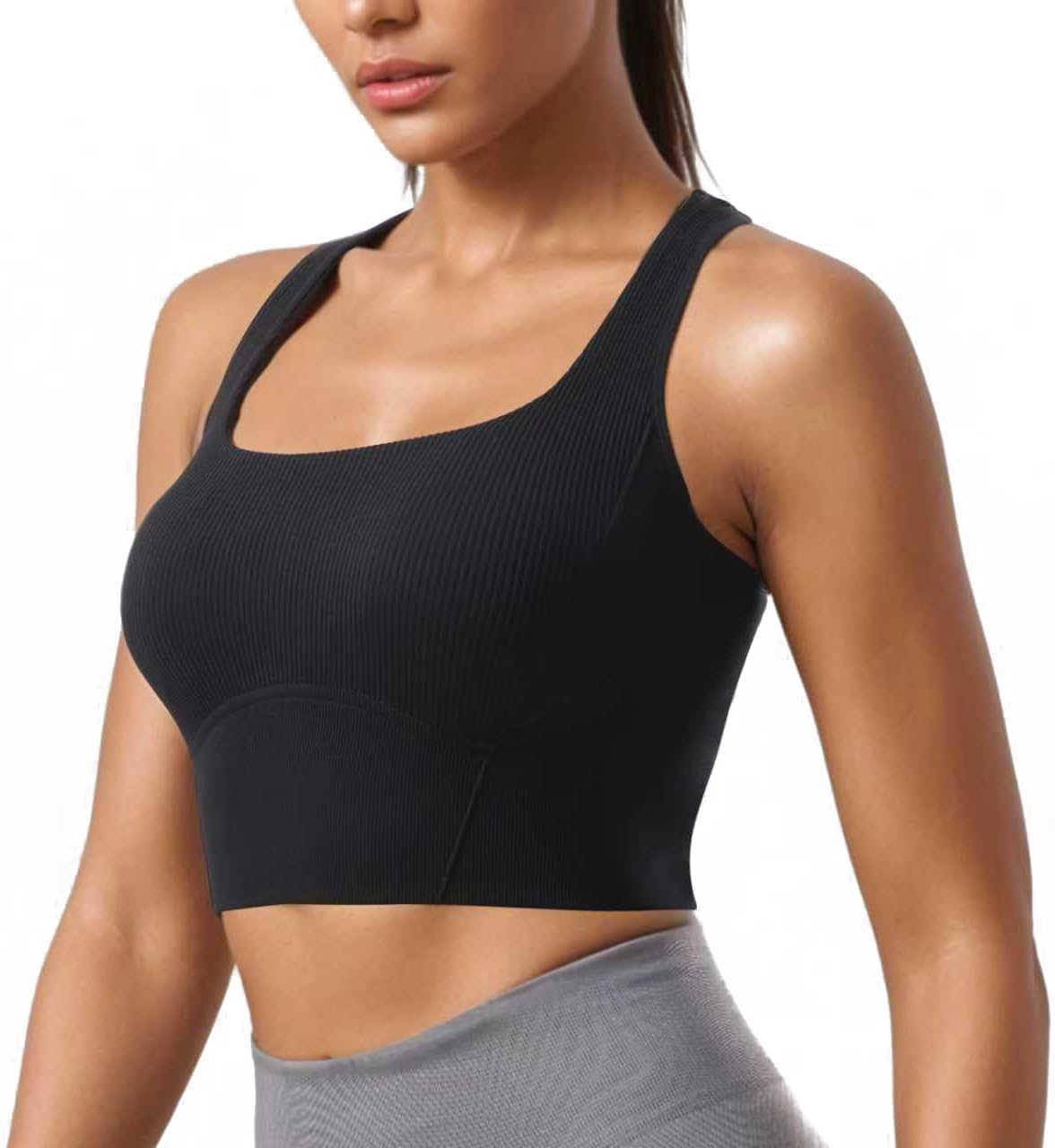 Women Square Neckline Sports Bra Padded Basic Workout Y-Back Racerback Cropped Tank Top