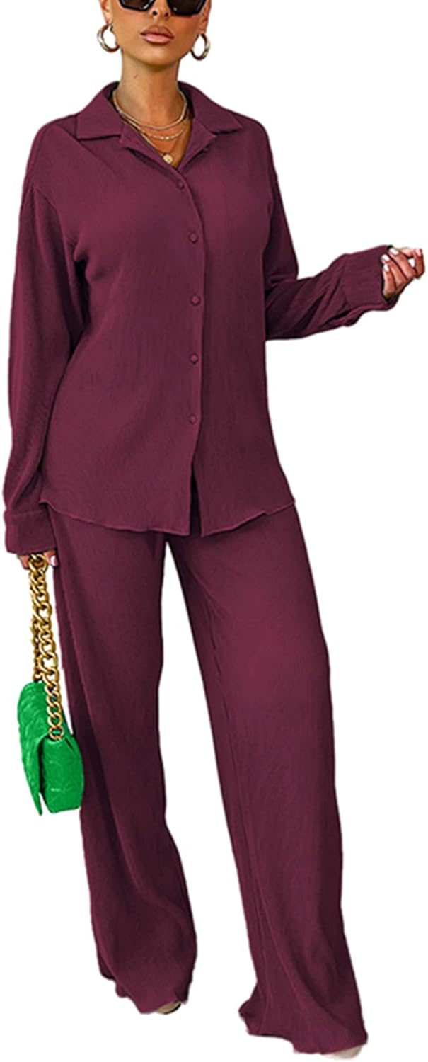 kaimimei Casual 2 Piece Outfit for Women - Linen Long Sleeve Button Down Shirt + Flare Pleated Wide Leg Pants Sets Streetwear - Image 3