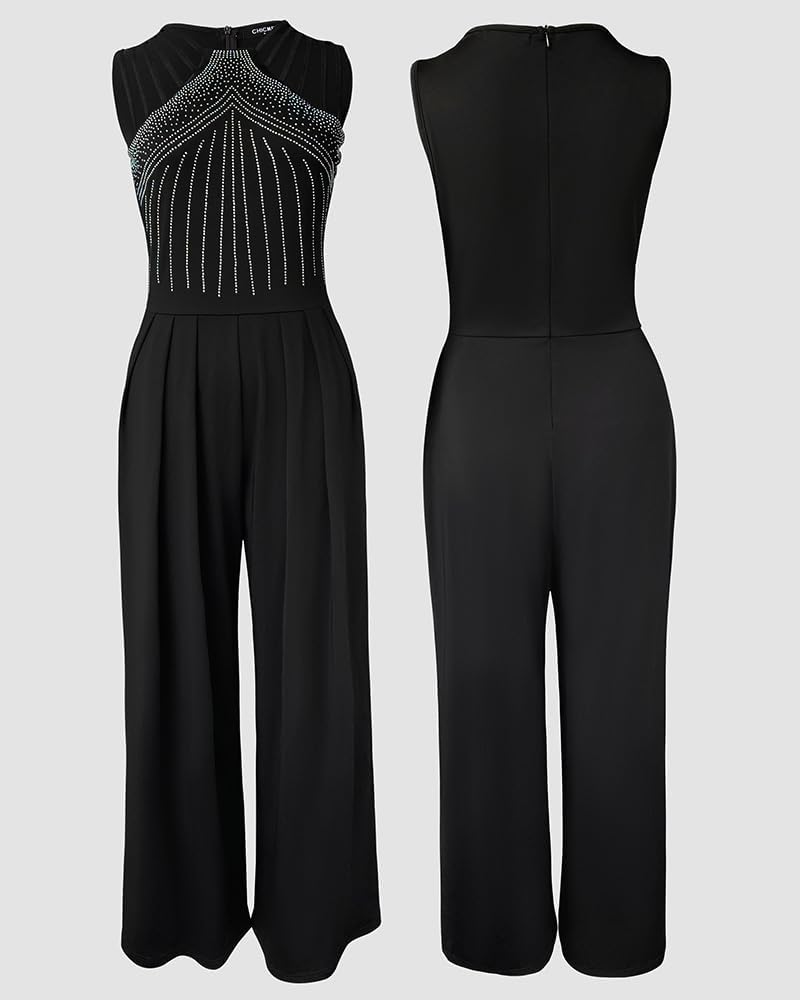 CHICME Women's One Piece Jumpsuit Rhinestone Cutout Ruched Wide Leg Jumpsuit Overall Long Pants - Image 6