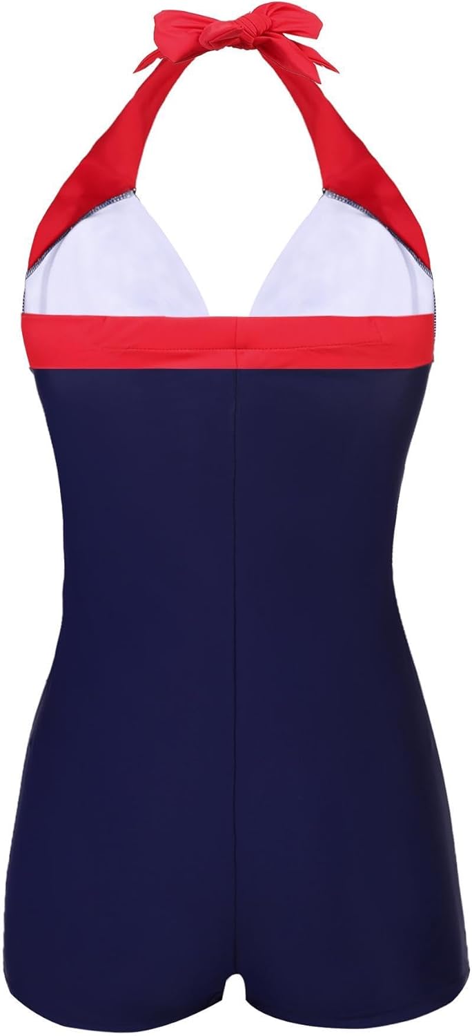 Ekouaer Womens One Piece Swimsuits Vintage Striped Skirt Bathing Suit Vintage Retro Push Up Swimwear - Image 4