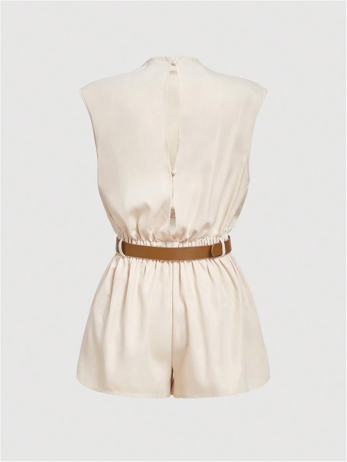 SOLY HUX Women's Summer Ruched Mock Neck Romper Elegant Cap Sleeve Belted Work Short Jumpsuits - Image 2
