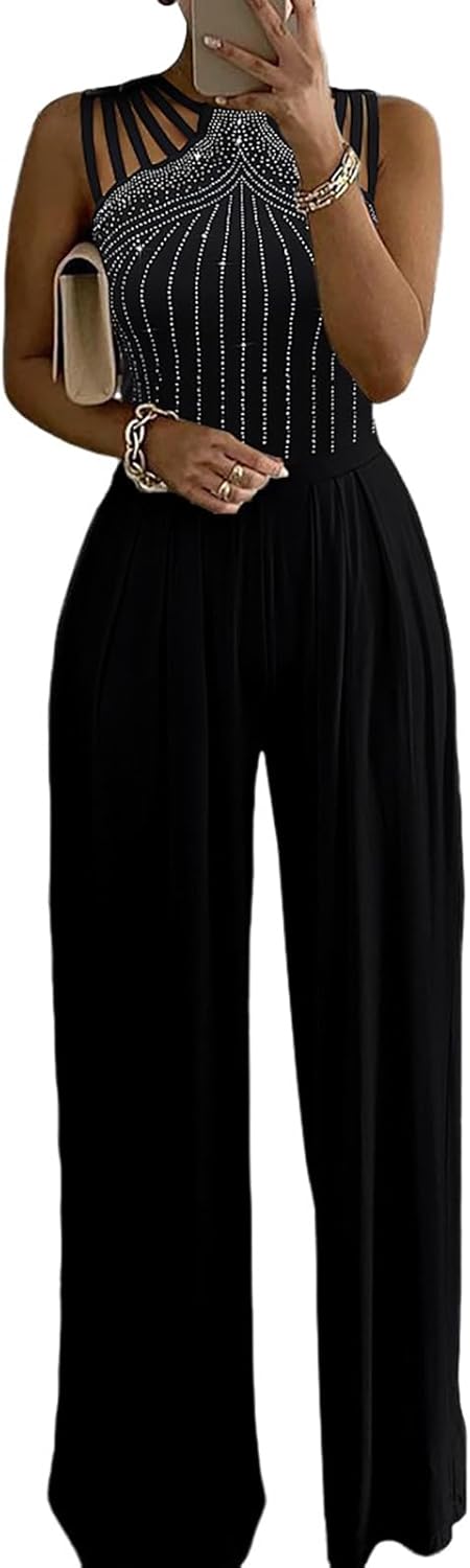 CHICME Women's One Piece Jumpsuit Rhinestone Cutout Ruched Wide Leg Jumpsuit Overall Long Pants