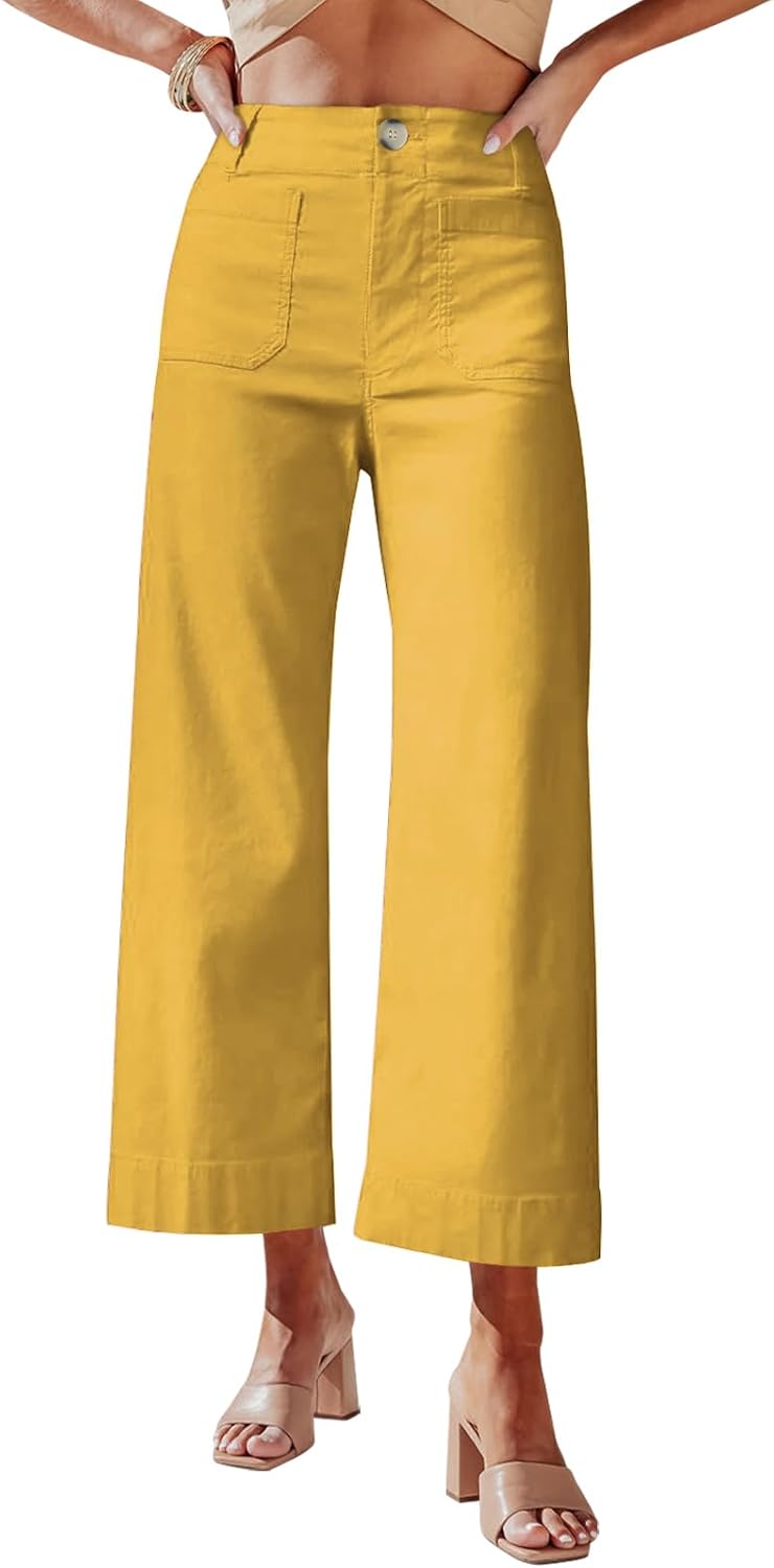 miduo Womens High Waisted Cropped Wide Leg Stretchy Straight Pants Trousers with Pockets
