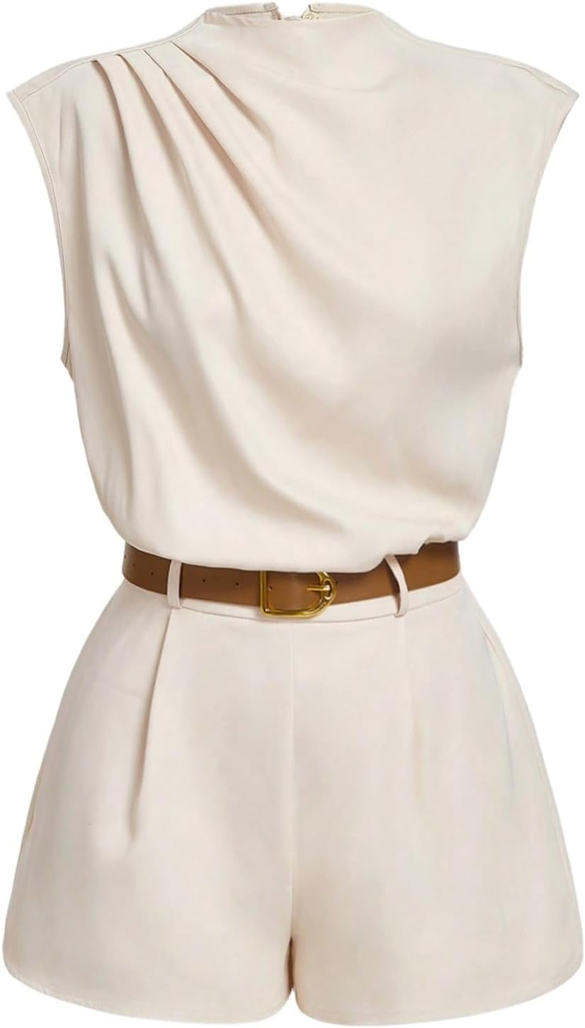 SOLY HUX Women's Summer Ruched Mock Neck Romper Elegant Cap Sleeve Belted Work Short Jumpsuits