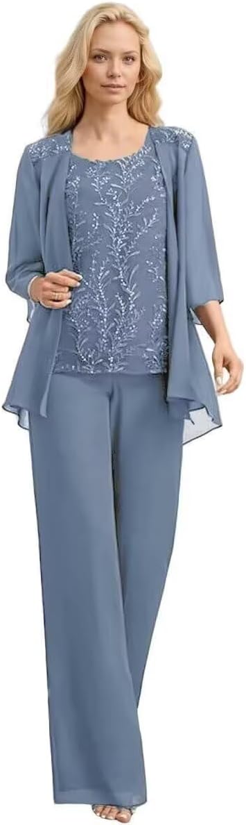 Chiffon Mother of The Bride Pant Suits 3 Pieces Lace Appliques Women Dressy Formal Outfit with Jacket KW001