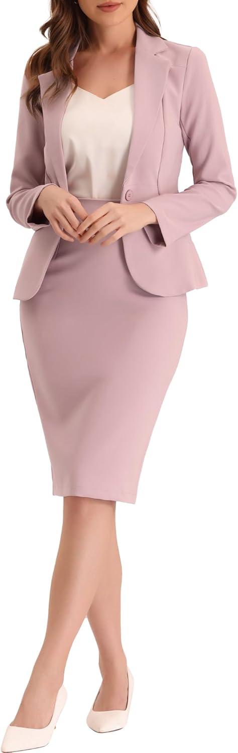 Allegra K Women's 2 Piece Suit Skirt Set Business Casual Outfits Long Sleeve Blazer and Pencil Skirt