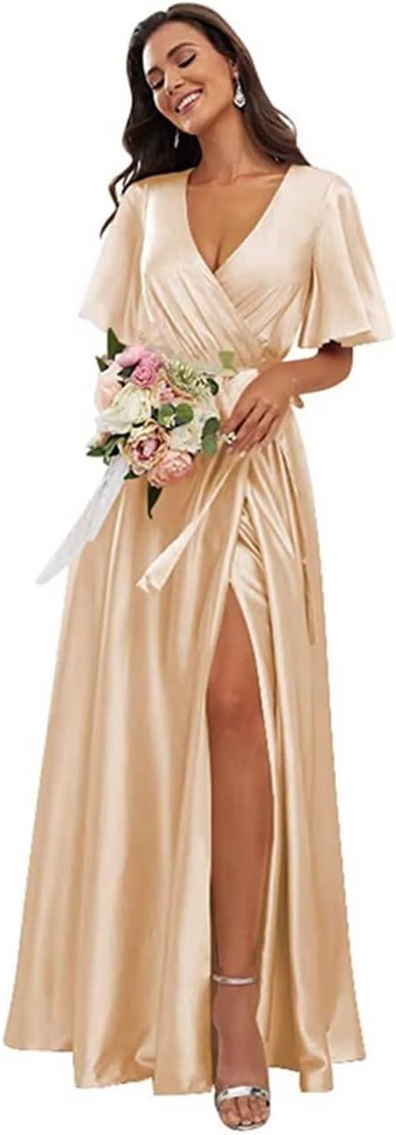 OFEECHUN Women's V Neck Satin Bridesmaid Dresses with Sleeves Slit A Line Long Formal Dress Party Gowns
