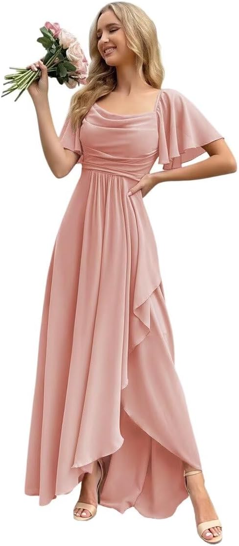 Chiffon A Line Bridesmaid Dresses for Women Flutter Sleeve Long Formal Evening Dress with Slit
