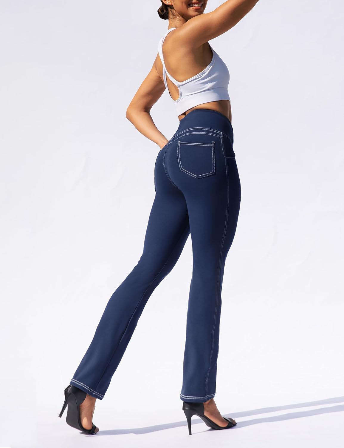 VOOVEEYA Womens Straight Leg Leggings, High Waisted Yoga Pants with Pockets Tummy Control Bootcut Casual Dress Pants - Image 2