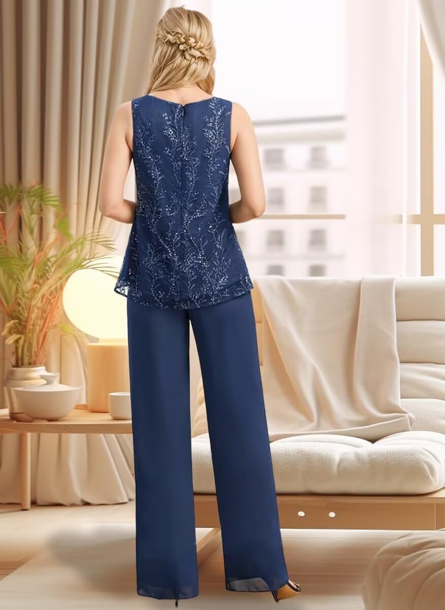 Chiffon Mother of The Bride Pant Suits 3 Pieces Lace Appliques Women Dressy Formal Outfit with Jacket KW001 - Image 2