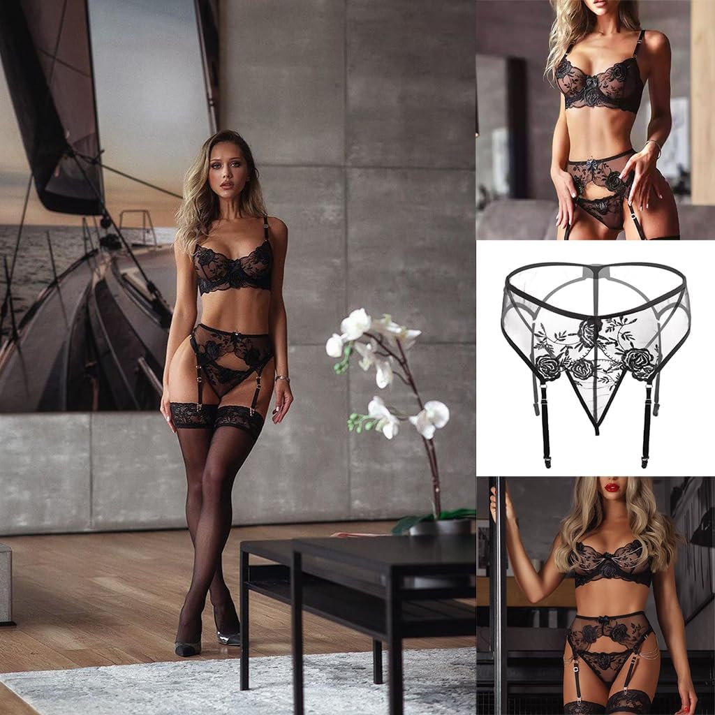 Lace Garter Belt Thong Set for Women Suspender Lingerie with 4 Metal Clips Holder Belts for Stockings+G-string - Image 7