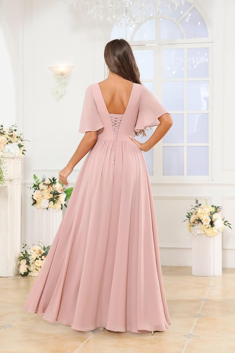 OFEECHUN Flutter Sleeve Chiffon Bridesmaid Dresses for Women with Slit A Line Ruffle Formal Wedding Guest Dress with Pockets - Image 2