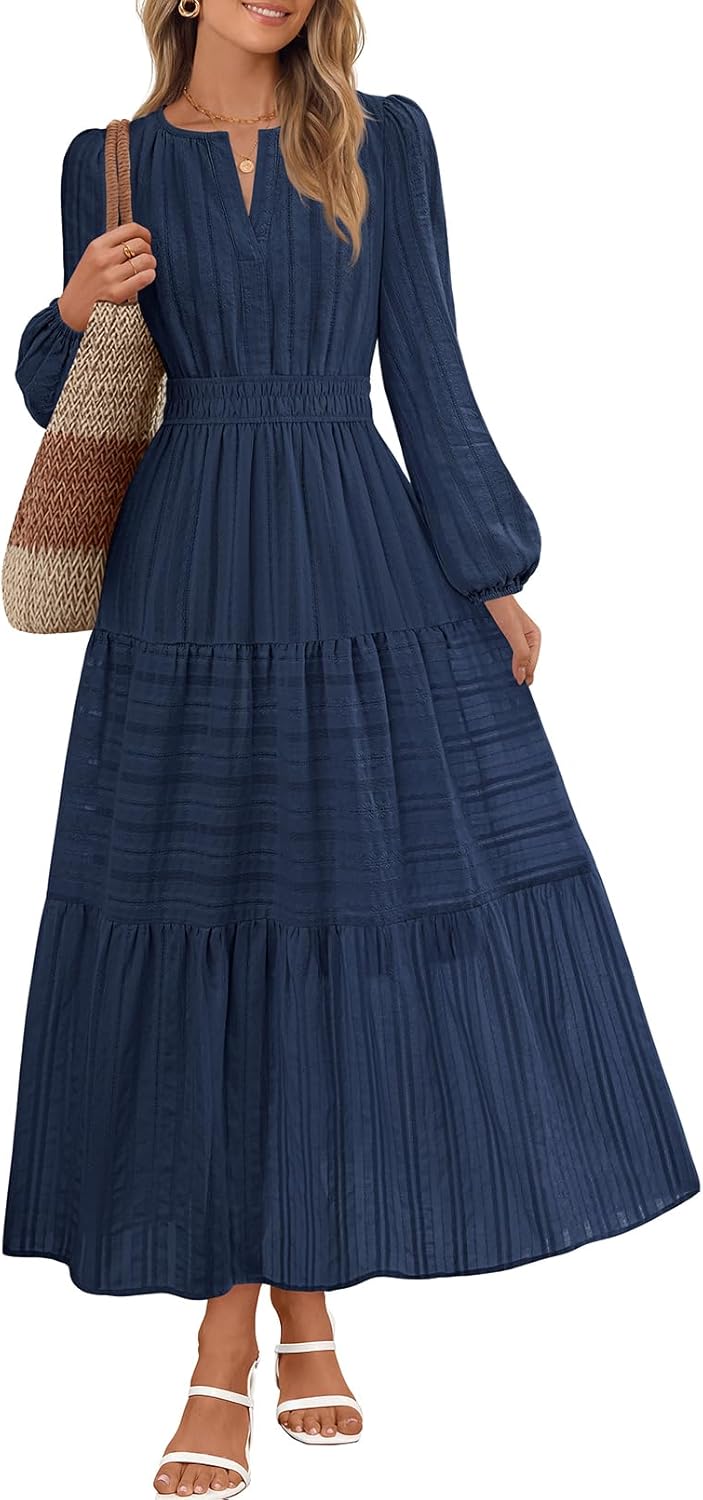 MEROKEETY Spring Summer Midi Dresses for Women 2026 Fall Casual Vacation Long Sleeve V Neck Tiered Cotton Maxi Dress Pockets