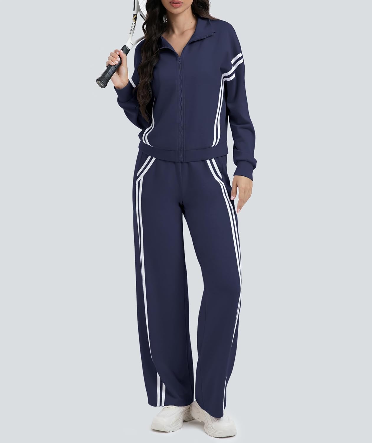 Casly Lamiit Women's 2 Piece Lounge Outfits Zip Up Sweat Set Contrast Striped Wide Leg Jogging Pants Travel Track Suit - Image 4