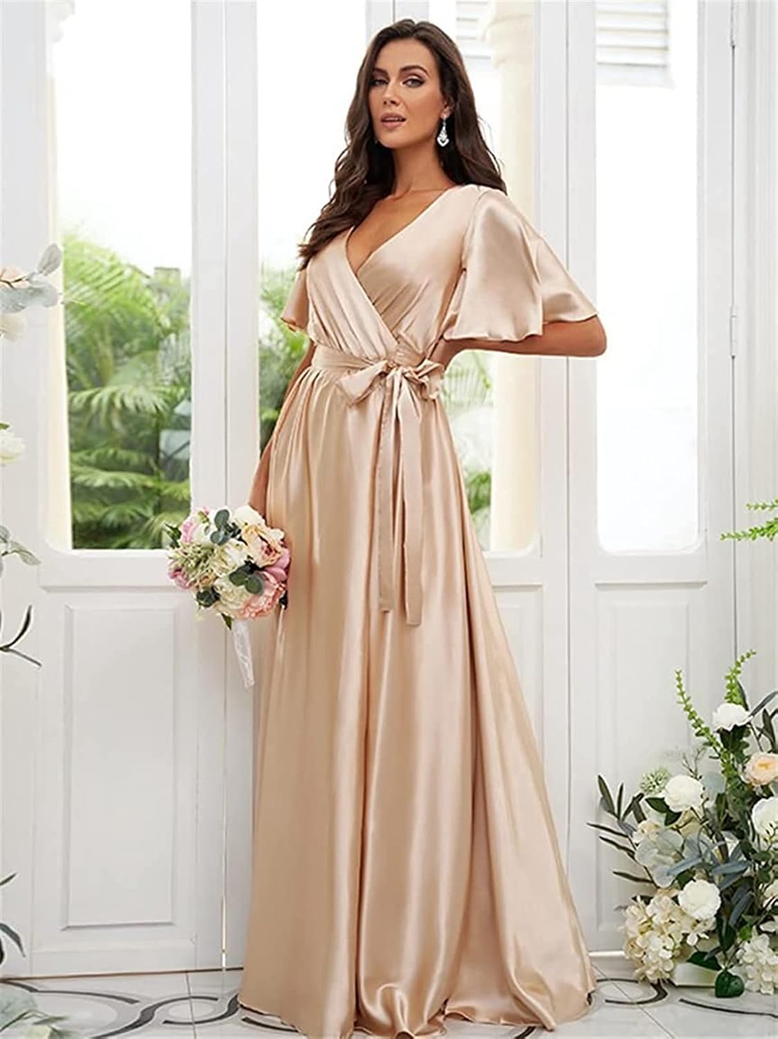OFEECHUN Women's V Neck Satin Bridesmaid Dresses with Sleeves Slit A Line Long Formal Dress Party Gowns - Image 3