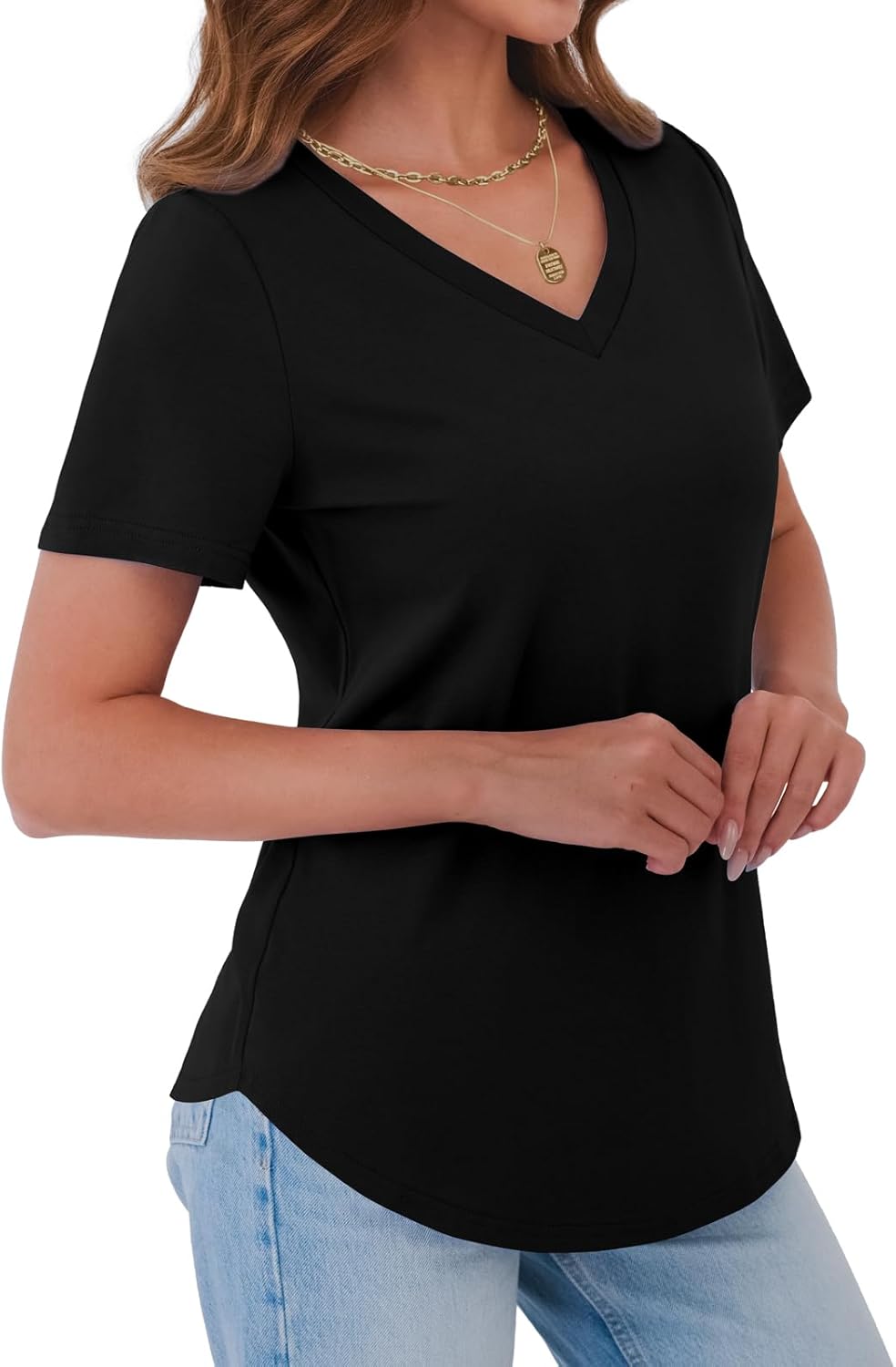 GKBK Womens T Shirts V Neck Short Sleeve Cotton Tops Summer Curved Hem Trendy Basic Tee Shirt S-XXL - Image 3