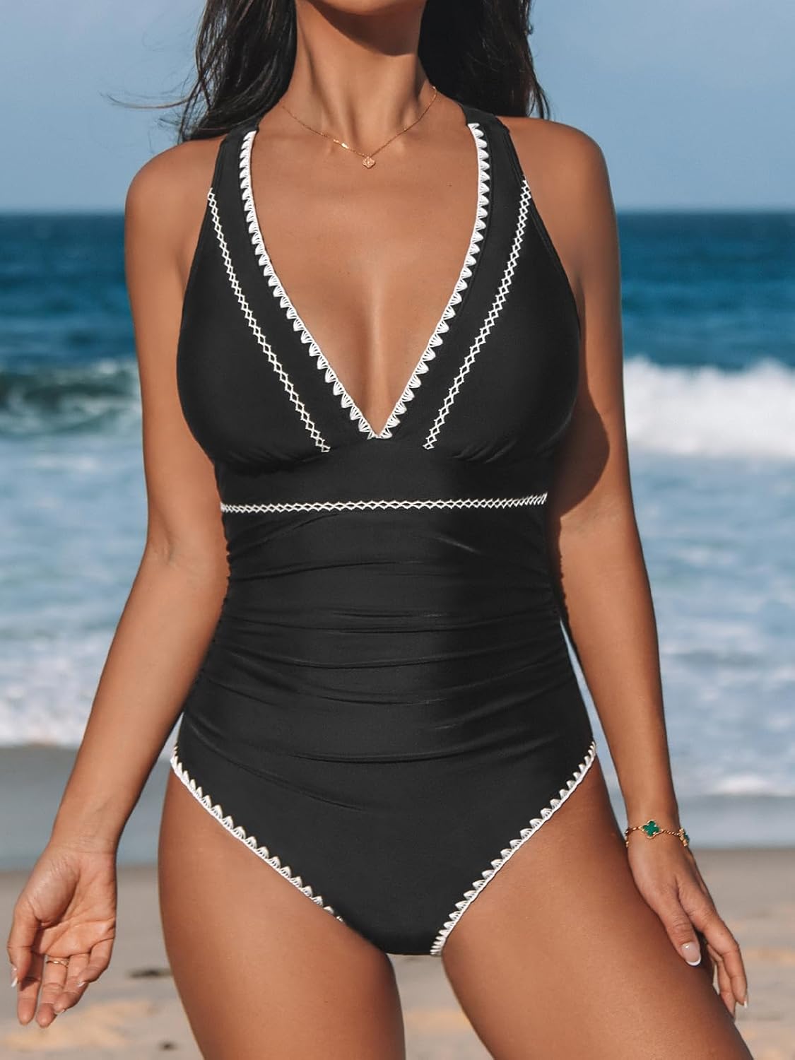 CUPSHE Women's One Piece Swimsuit V Neck Shell Stitched Bathing Suit Adjustable Crisscross Strappy Ruched Swimwear - Image 4