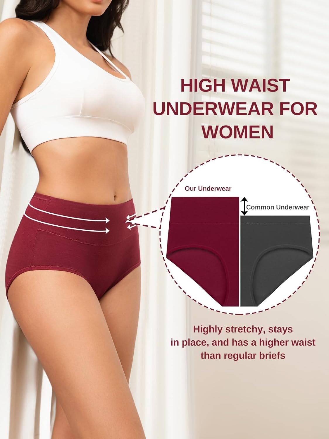 Vevmon Cotton Underwear for Women High Waisted Full Coverage Briefs Soft Ladies Panties 5 Pack - Image 3