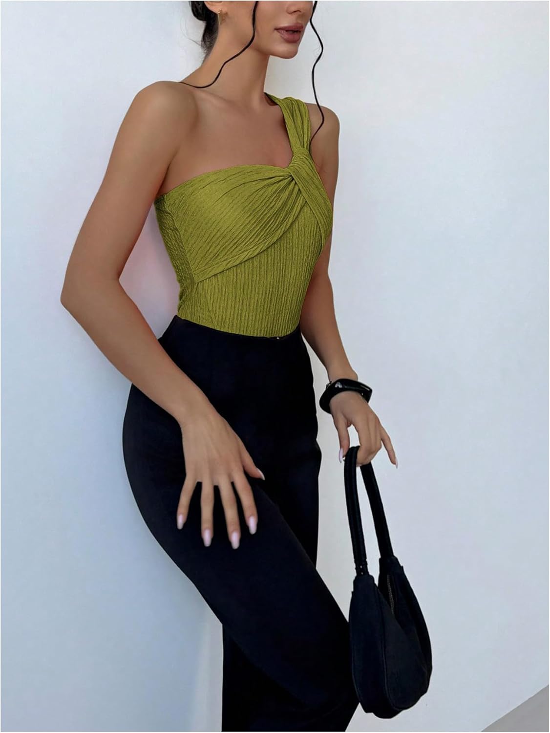 OYOANGLE Women's One Shoulder Going Out Bodysuit Tops Asymmetrical Textured Sleeveless Concert Tank Tops - Image 5