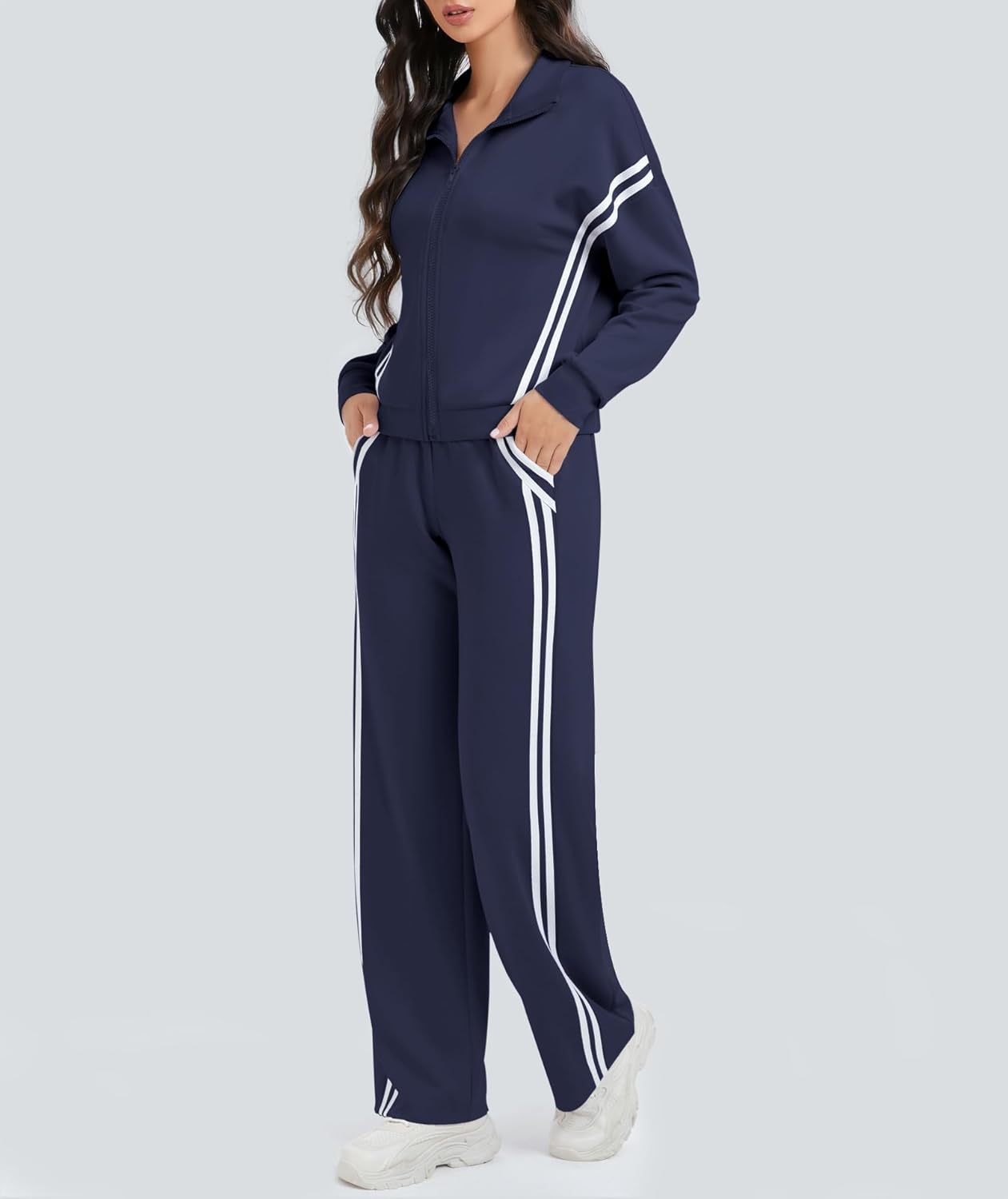 Casly Lamiit Women's 2 Piece Lounge Outfits Zip Up Sweat Set Contrast Striped Wide Leg Jogging Pants Travel Track Suit - Image 2