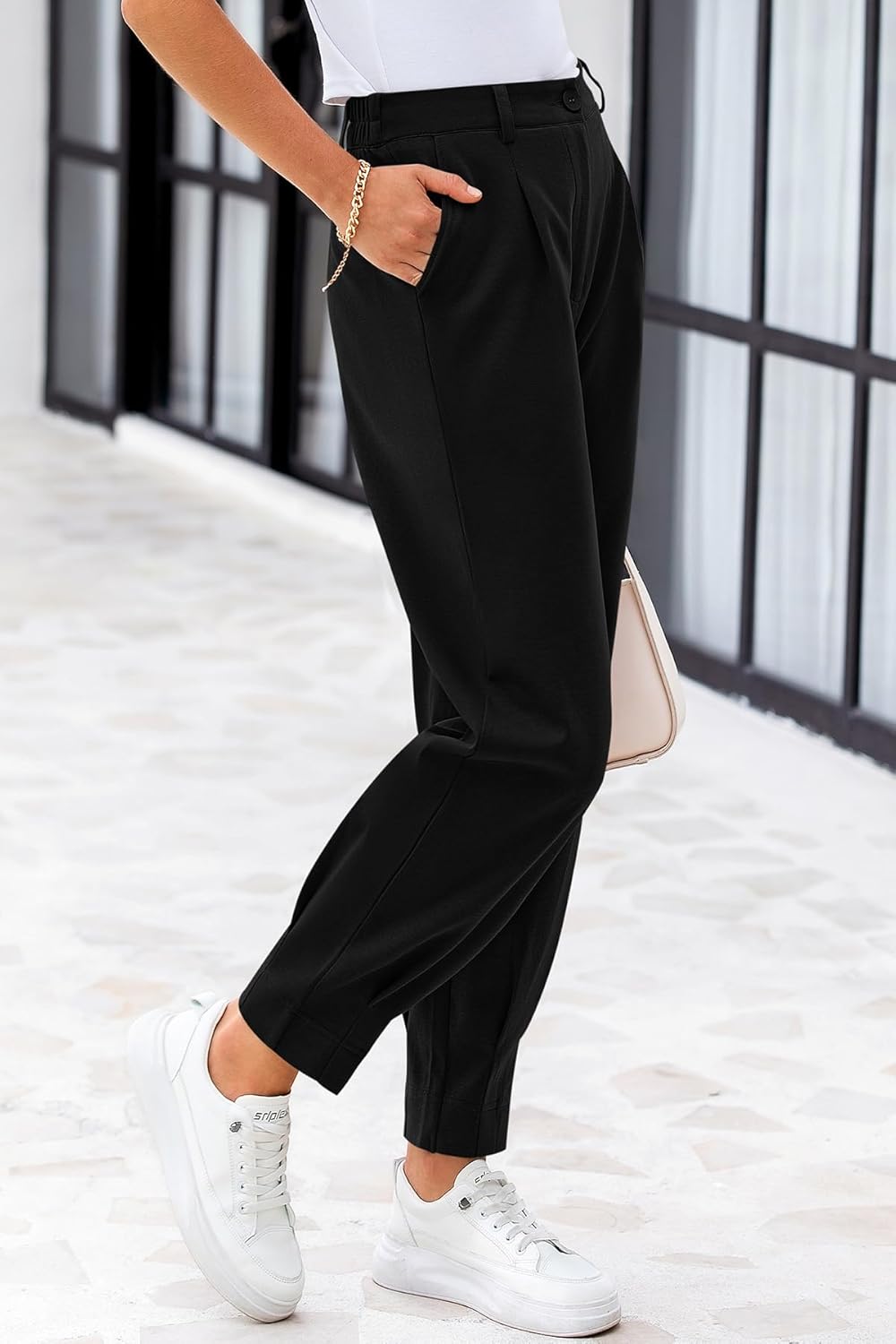 CFLONGE Women's Summer High Waisted Pants for Women 2026 Casual Ankle Length Pant for Work Office Trouser Slacks with Pockets - Image 3