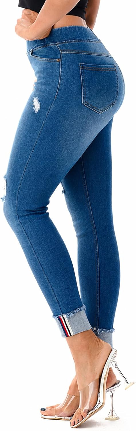 Jvini Women’s Stretch Denim Pull On Jeans with Pockets – Ripped Distressed Elastic Waist Jeggings Skinny Denim Pants - Image 4