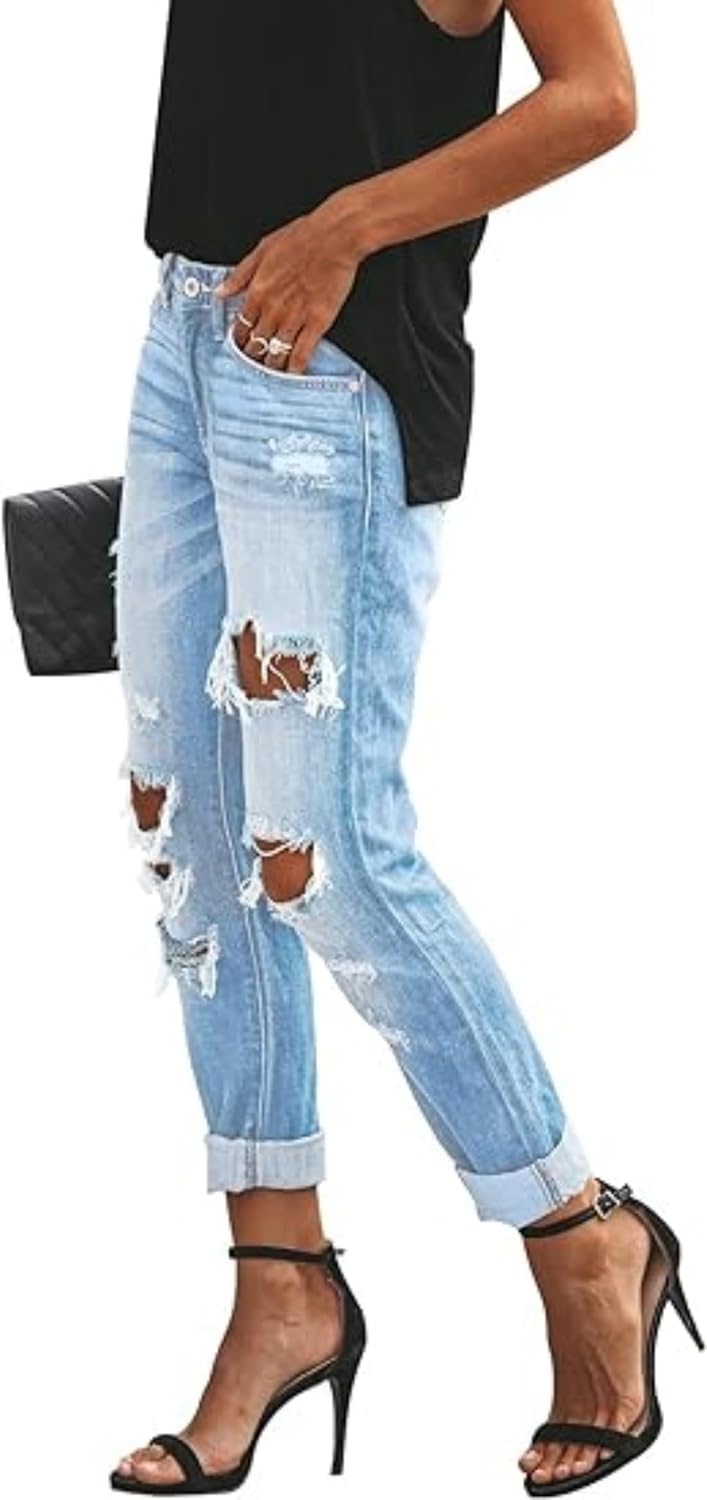 Women's Distressed Mid Waisted Boyfriend Jeans Loose Fit Ripped Stretchy Denim Pants - Image 2