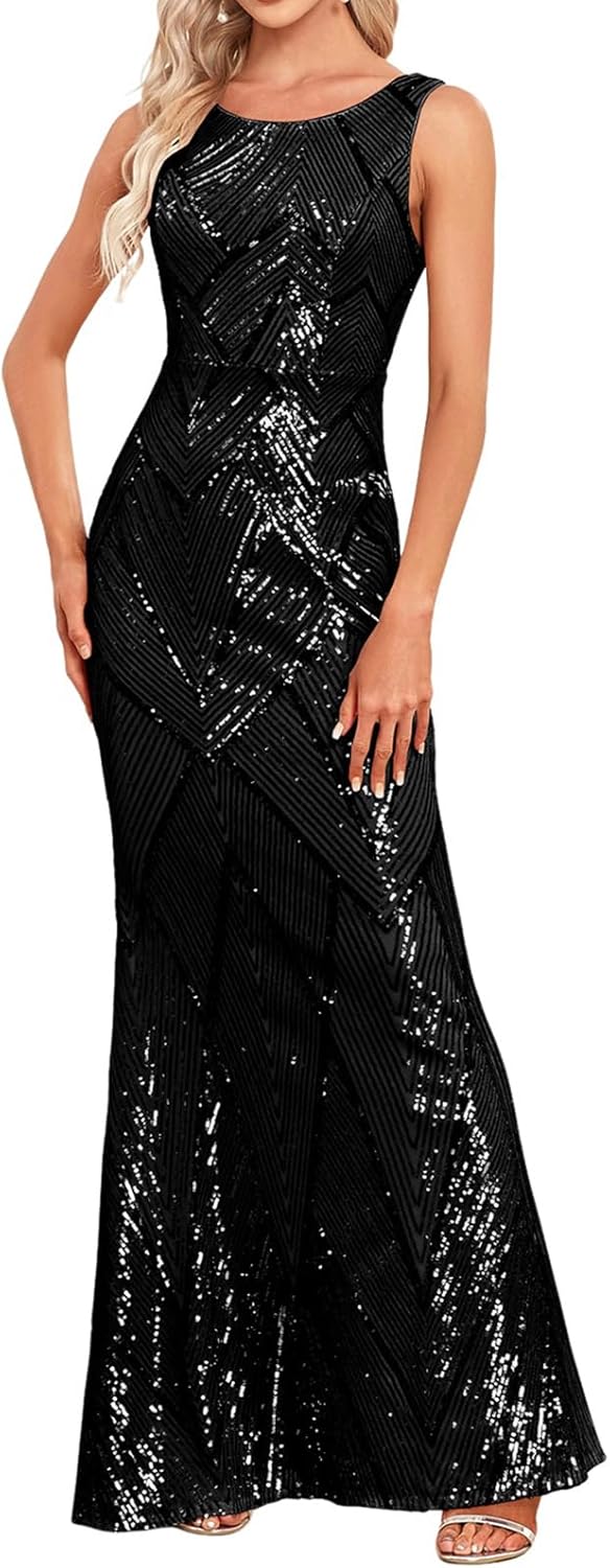 Glitter Formal Dresses Long Evening Gowns Bodycon Mermaid Sparkly Sequin Boat Neck Cocktail Party Dress