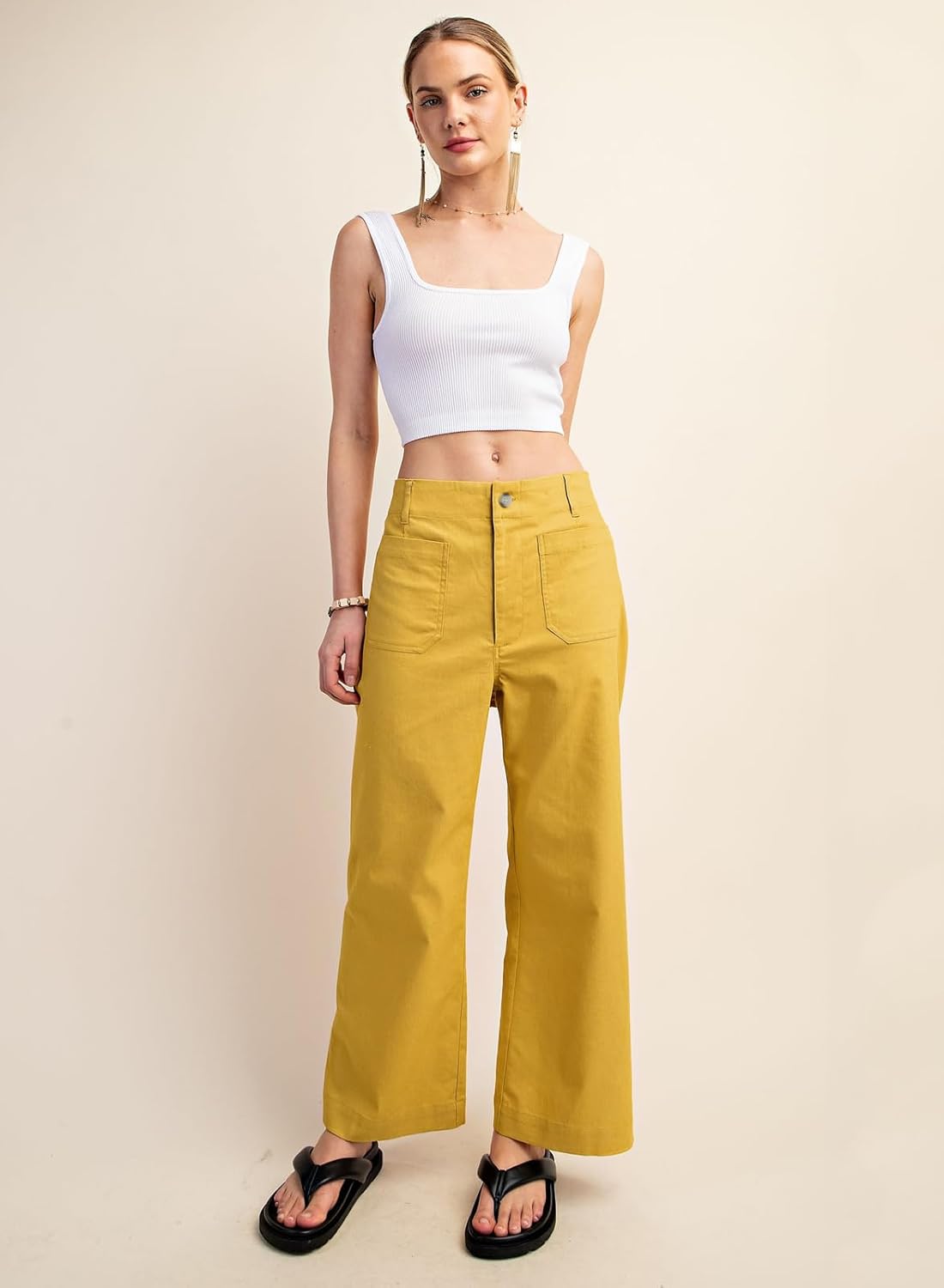 miduo Womens High Waisted Cropped Wide Leg Stretchy Straight Pants Trousers with Pockets - Image 3