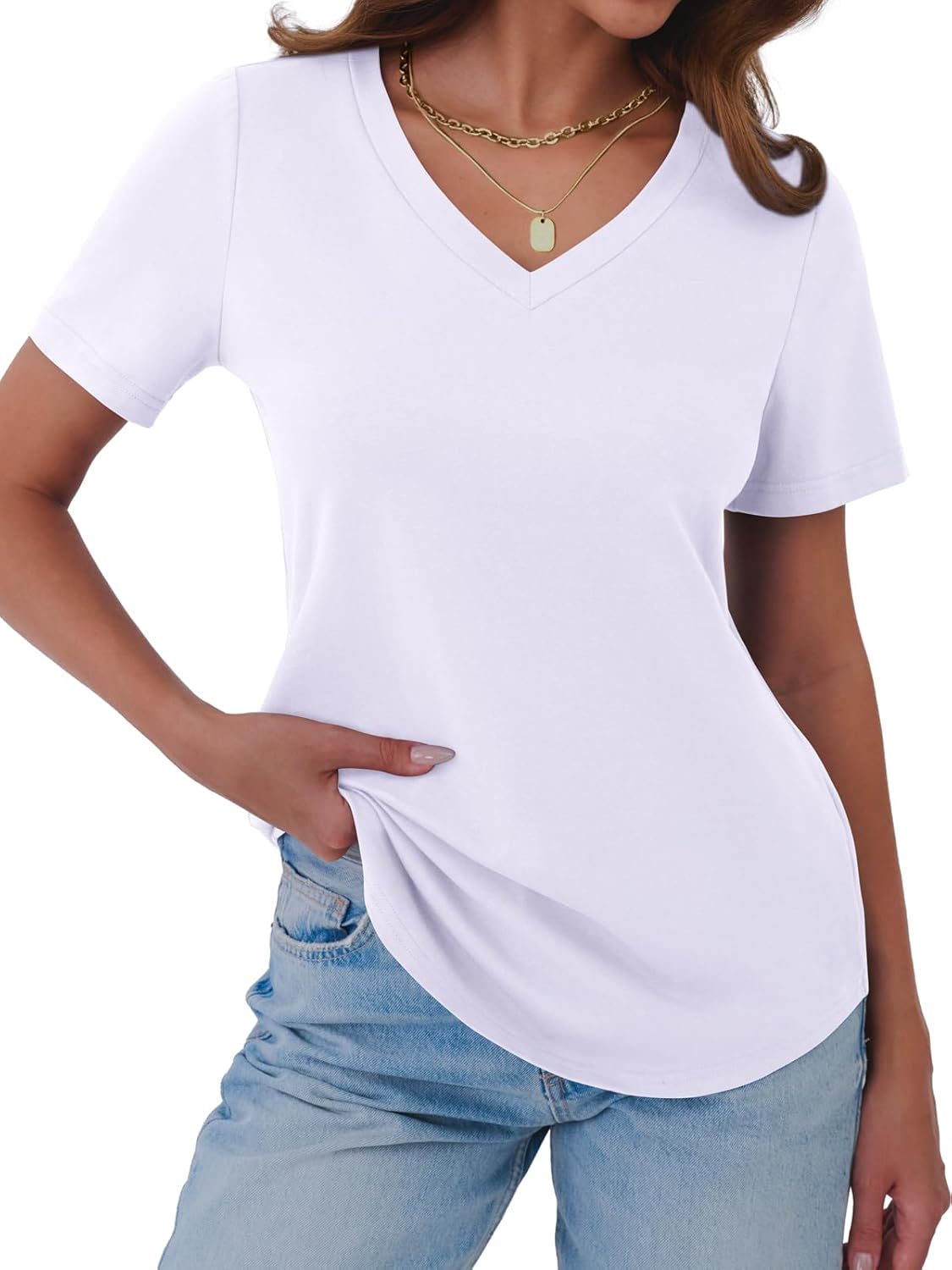 GKBK Womens T Shirts V Neck Short Sleeve Cotton Tops Summer Curved Hem Trendy Basic Tee Shirt S-XXL - Image 4