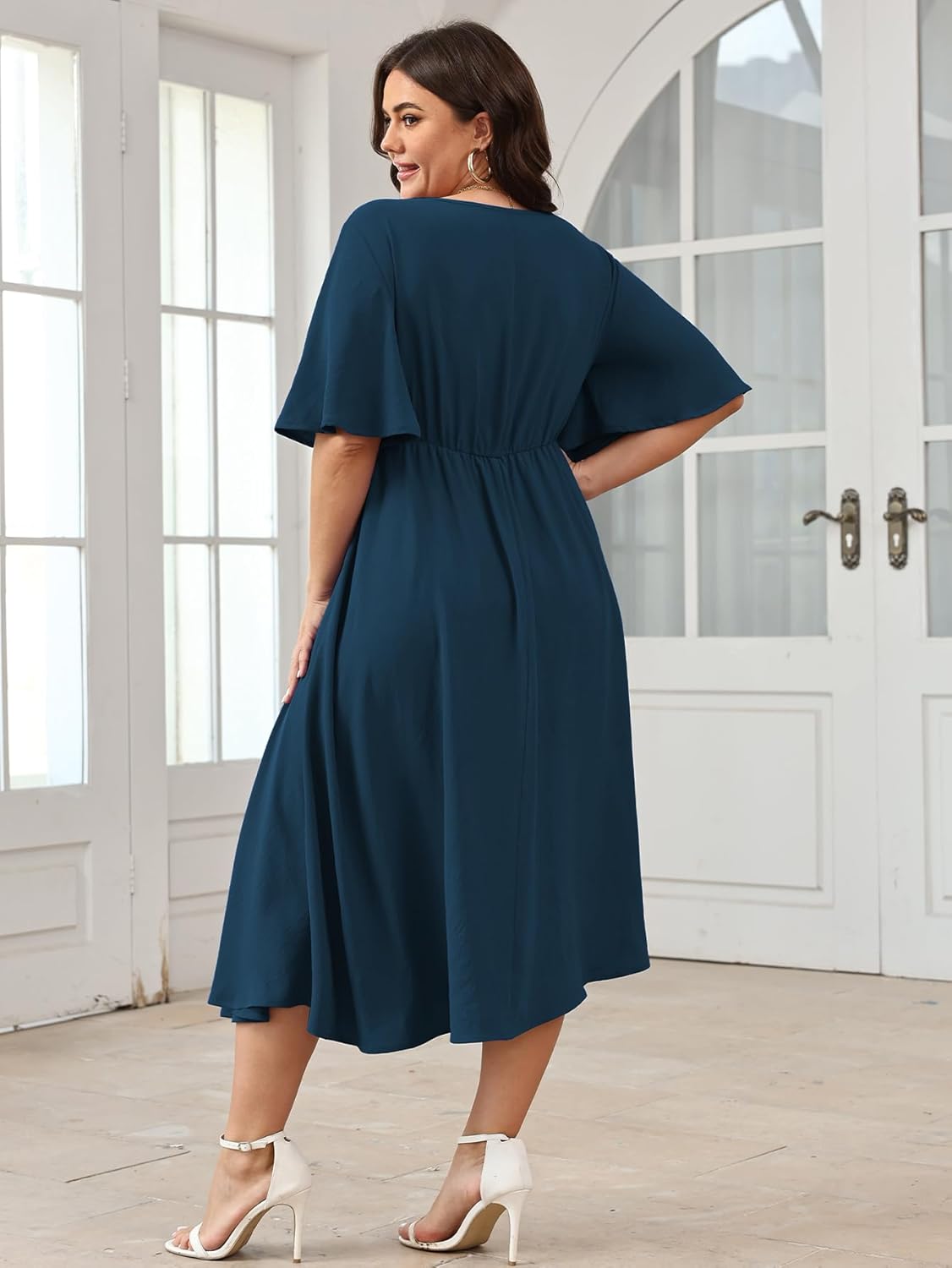 SCOMCHIC Women Plus Size Midi Dresses Wedding Guest Short Sleeve V Neck Tie Waist Casual Summer Flowy A Line Dress - Image 6